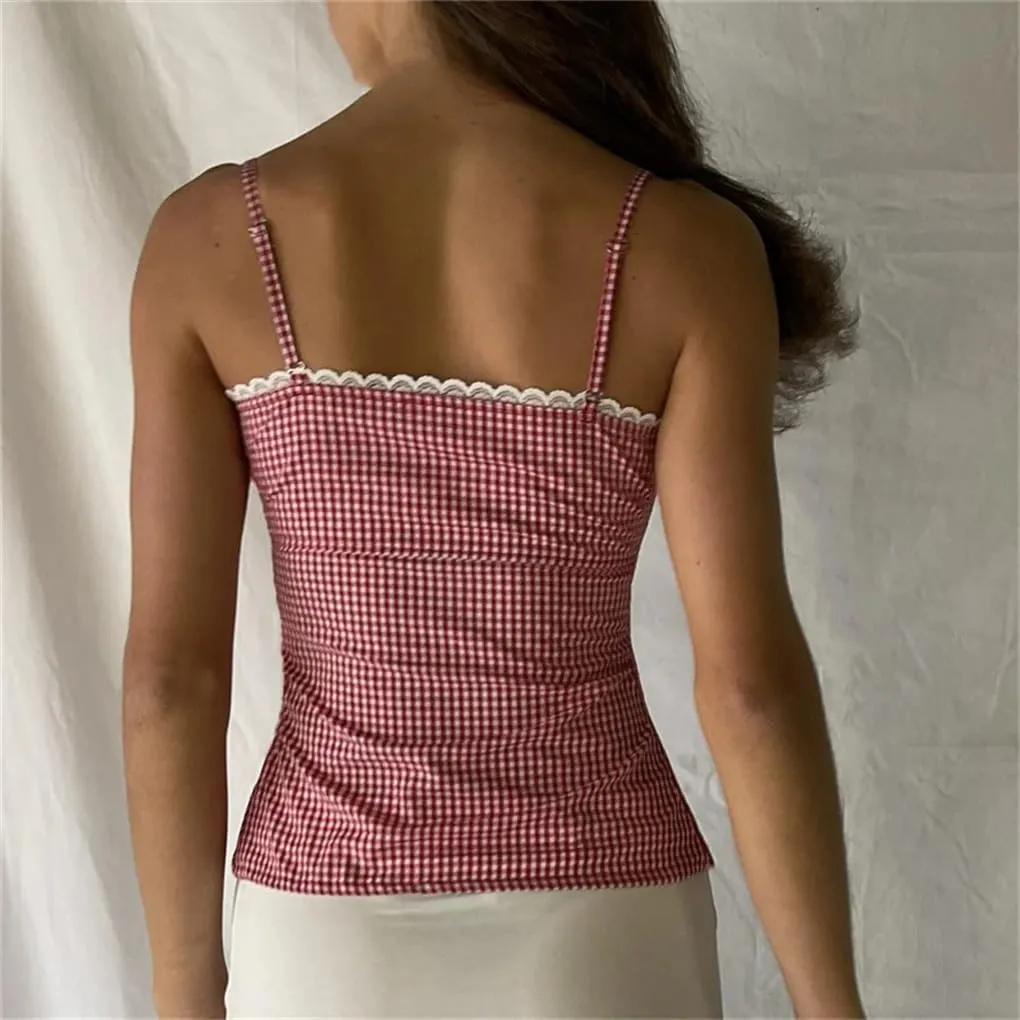Women's Y2k Plaid Lace Patchwork Slim Fit Retro Sleeveless Camisole