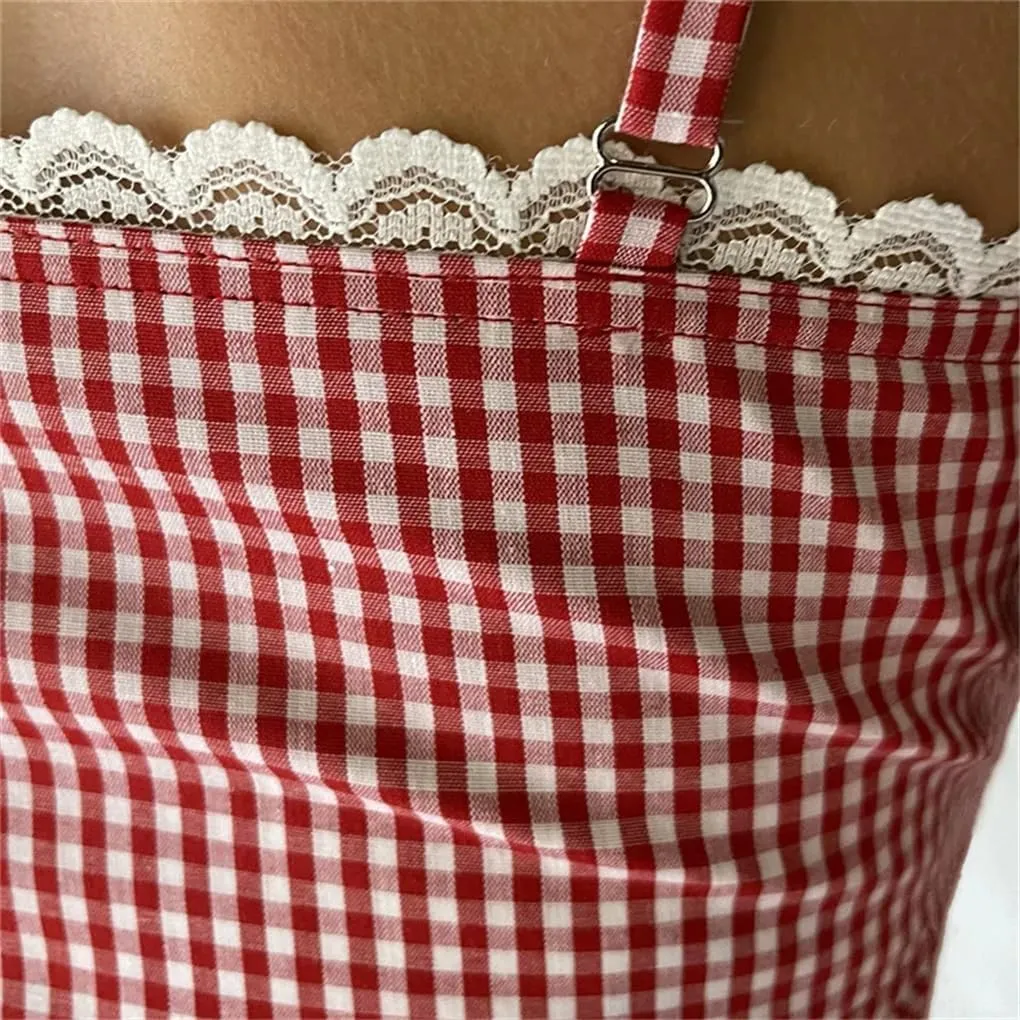 Women's Y2k Plaid Lace Patchwork Slim Fit Retro Sleeveless Camisole