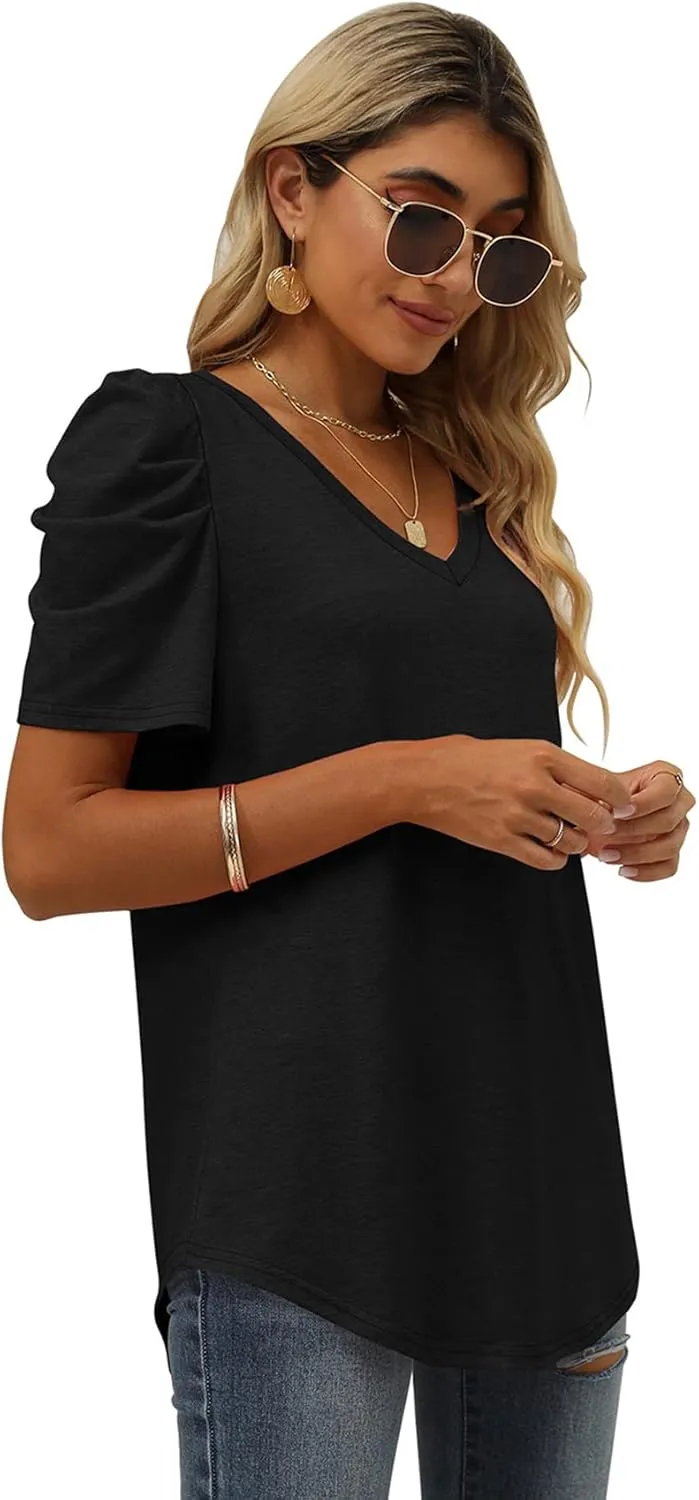 XIEERDUO Womens Summer Shirt V Neck Casual Tshirts Puff Sleeve Tops for Women Solid Color XS-3XL