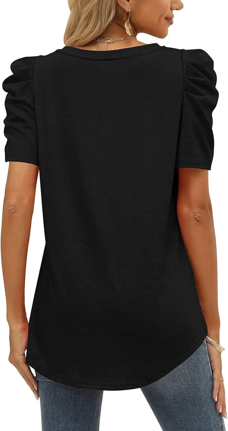 XIEERDUO Womens Summer Shirt V Neck Casual Tshirts Puff Sleeve Tops for Women Solid Color XS-3XL