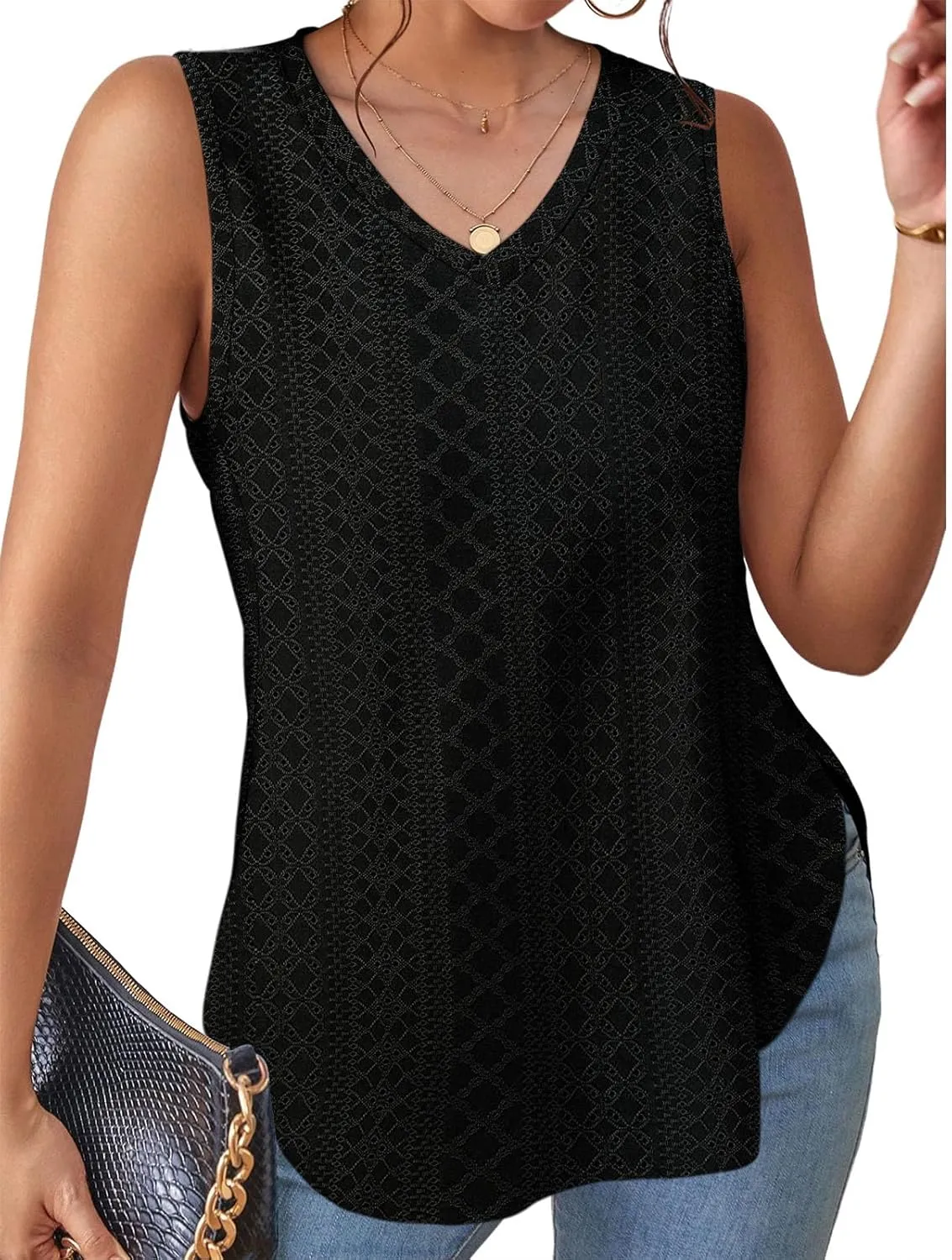 XIEERDUO Womens Tank Tops V Neck Eyelet Embroidery Casaul Sleeveless Shirts