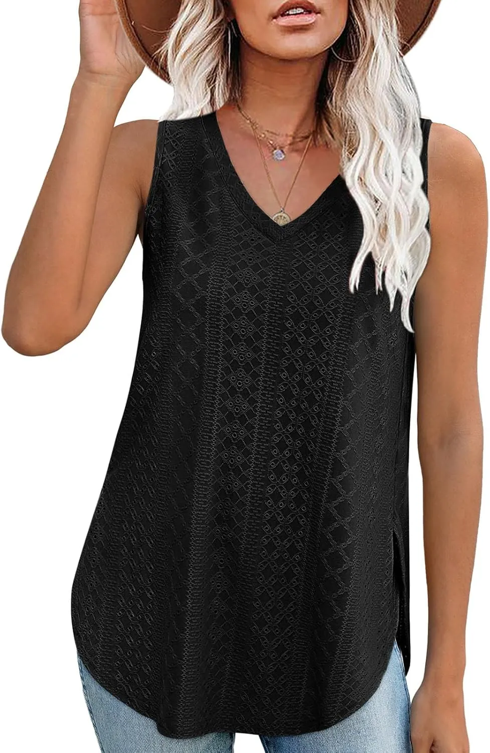 XIEERDUO Womens Tank Tops V Neck Eyelet Embroidery Casaul Sleeveless Shirts