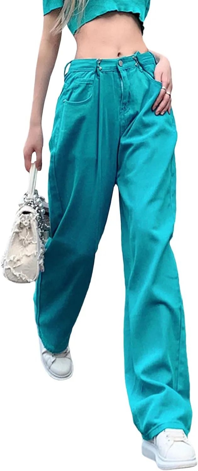 xxxiticat Women's Wide Leg Denim Trousers Casual High Waist Button Closure Long Simple Basic Skinny Jeans