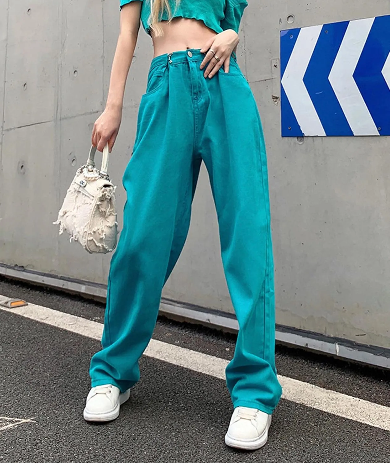 xxxiticat Women's Wide Leg Denim Trousers Casual High Waist Button Closure Long Simple Basic Skinny Jeans