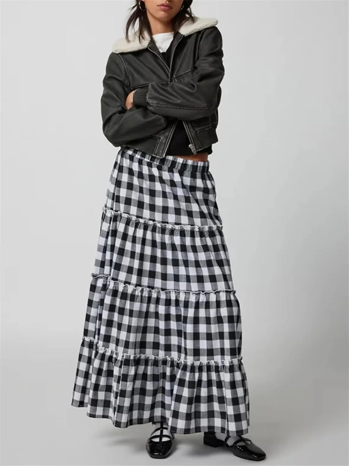 Y2K Plaid Maxi Skirt for Women Elastic High Waist Gingham A Line Flowy Swing Long Skirt Summer Retro Boho Streetwear