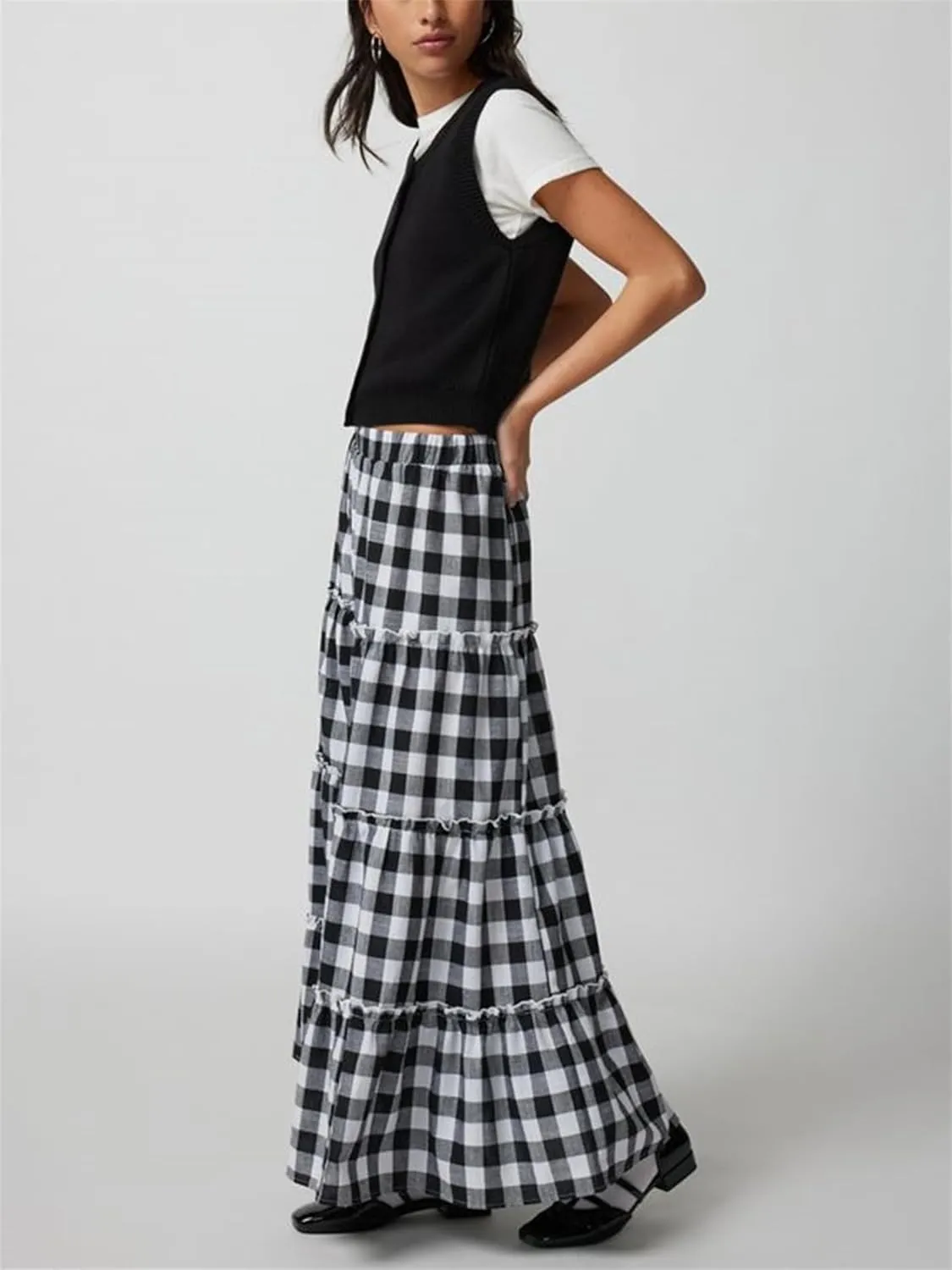 Y2K Plaid Maxi Skirt for Women Elastic High Waist Gingham A Line Flowy Swing Long Skirt Summer Retro Boho Streetwear