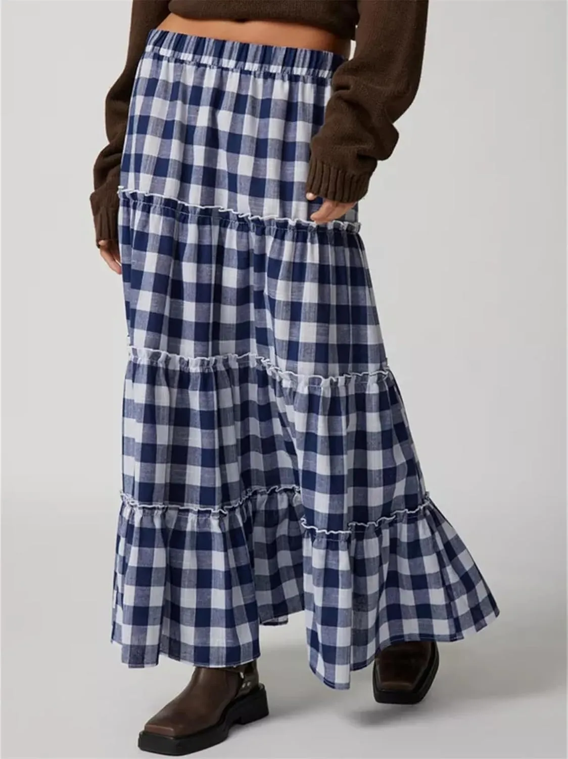Y2K Plaid Maxi Skirt for Women Elastic High Waist Gingham A Line Flowy Swing Long Skirt Summer Retro Boho Streetwear