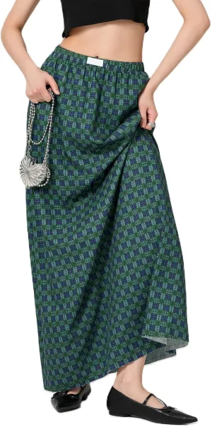 Y2K Plaid Maxi Skirt for Women Elastic High Waist Gingham A Line Flowy Swing Long Skirt Summer Retro Boho Streetwear