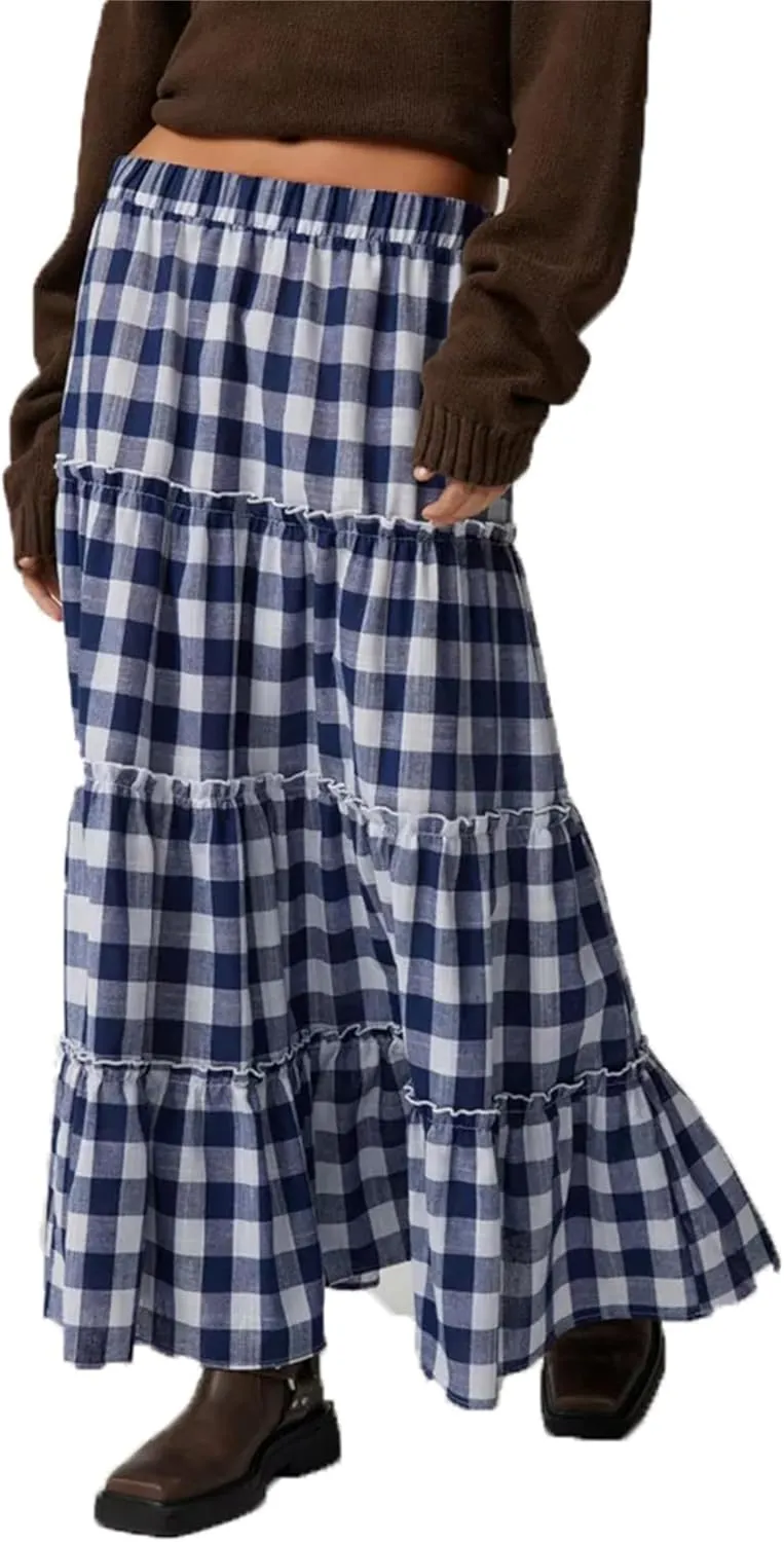 Y2K Plaid Maxi Skirt for Women Elastic High Waist Gingham A Line Flowy Swing Long Skirt Summer Retro Boho Streetwear