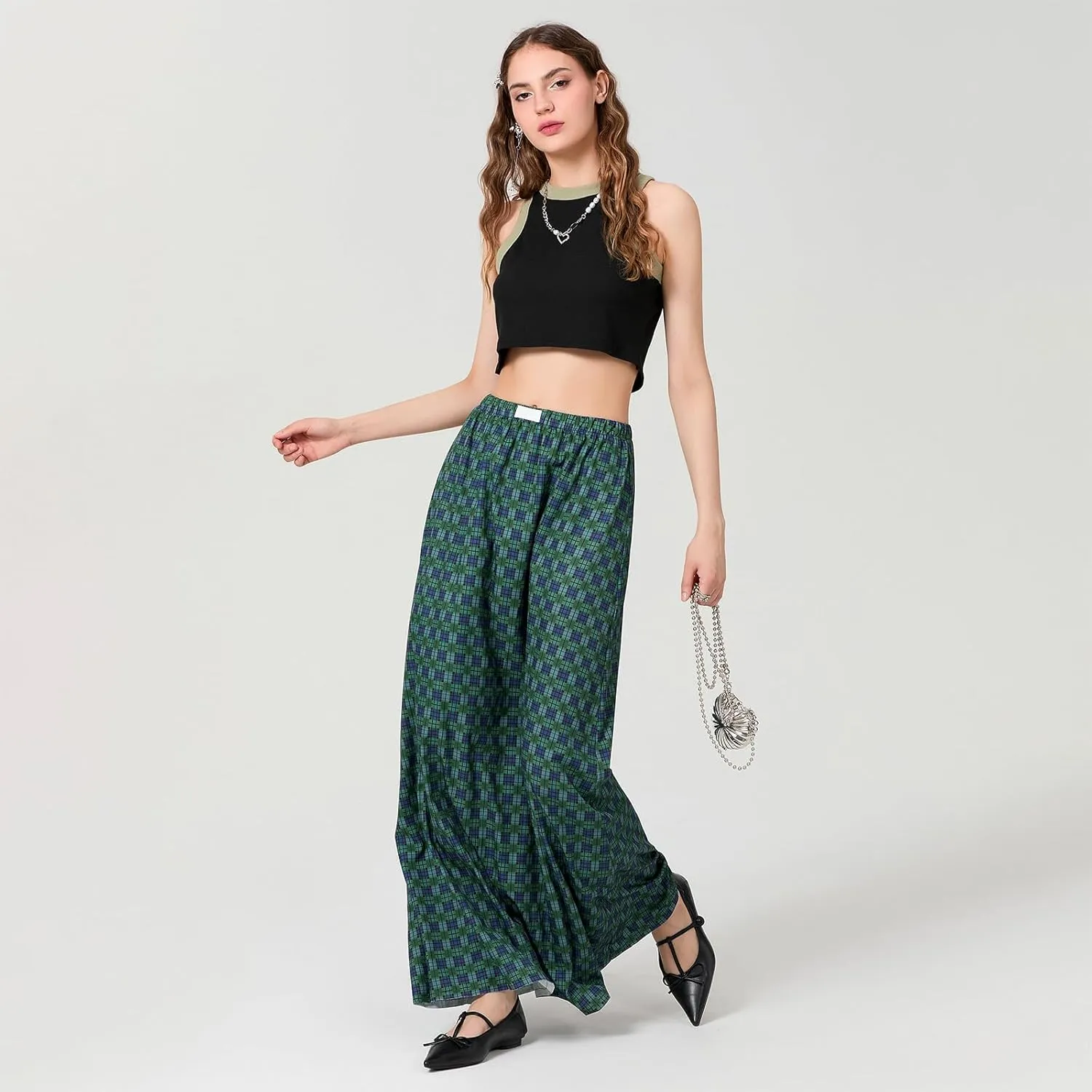 Y2K Plaid Maxi Skirt for Women Elastic High Waist Gingham A Line Flowy Swing Long Skirt Summer Retro Boho Streetwear