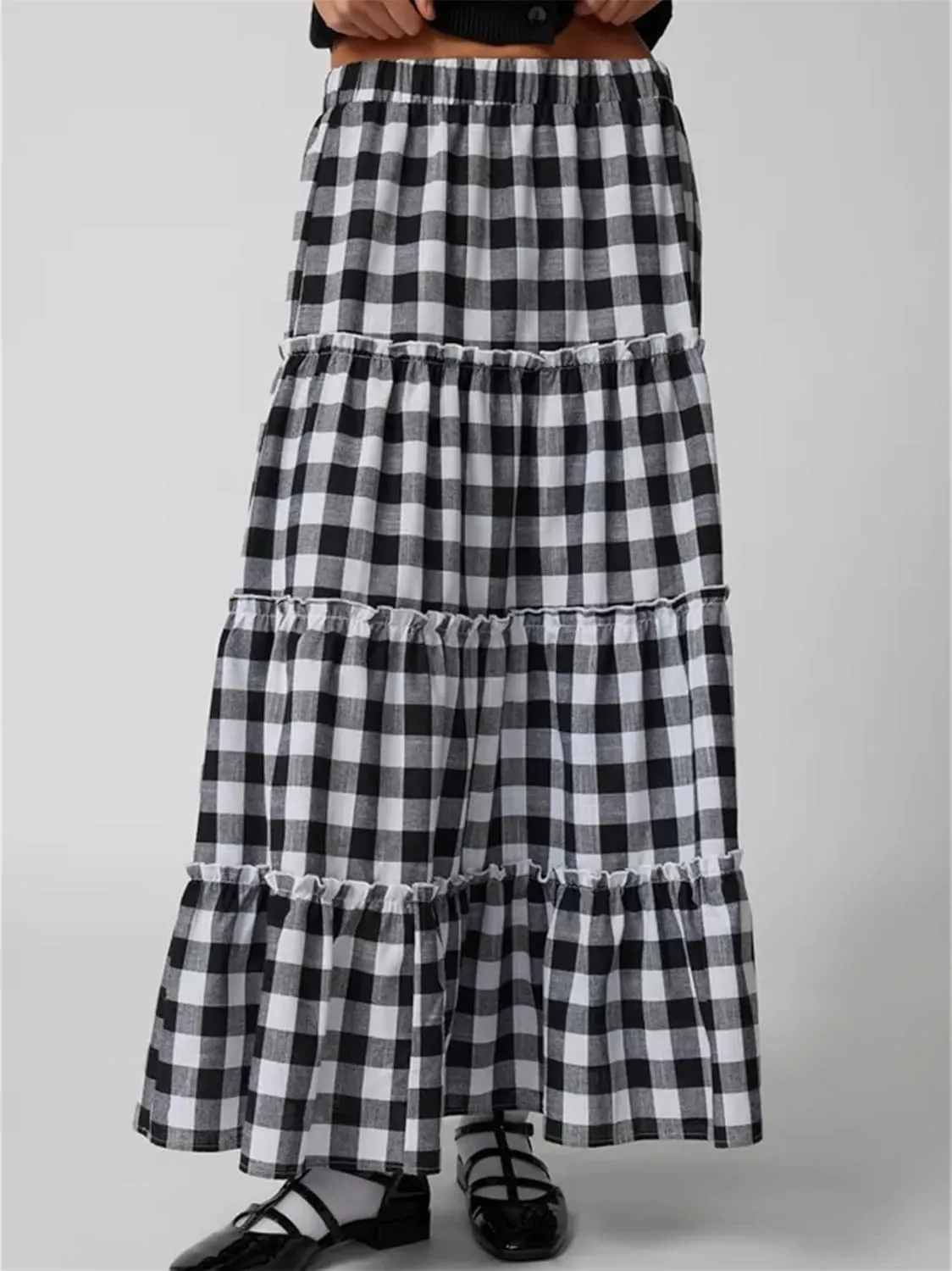 Y2K Plaid Maxi Skirt for Women Elastic High Waist Gingham A Line Flowy Swing Long Skirt Summer Retro Boho Streetwear