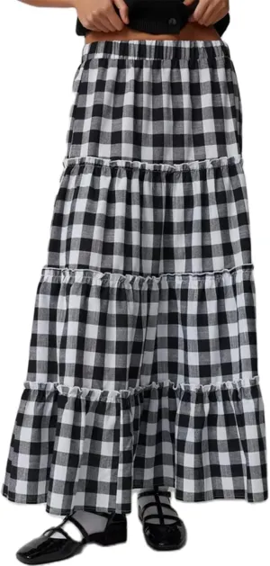 Y2K Plaid Maxi Skirt for Women Elastic High Waist Gingham A Line Flowy Swing Long Skirt Summer Retro Boho Streetwear