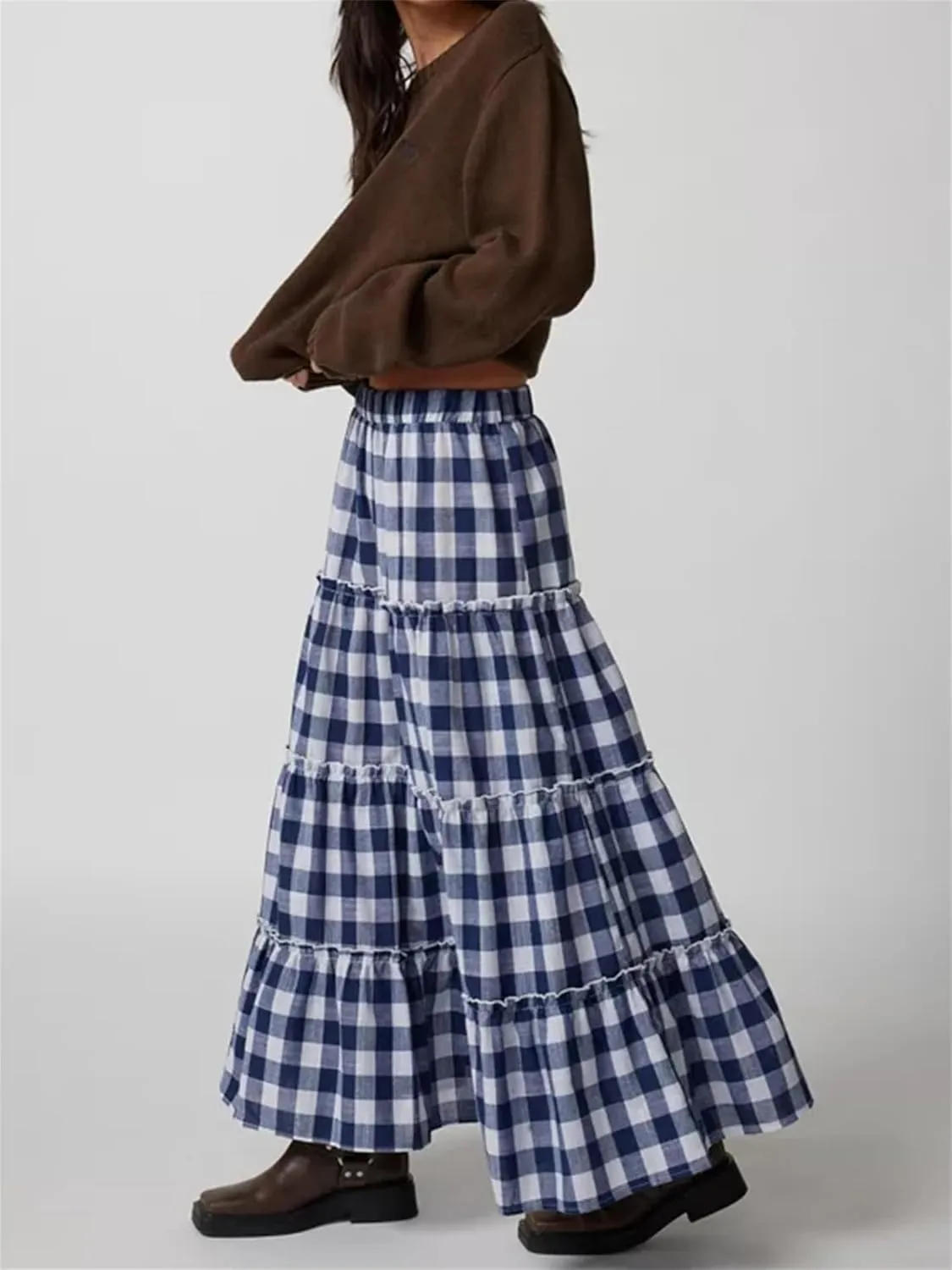 Y2K Plaid Maxi Skirt for Women Elastic High Waist Gingham A Line Flowy Swing Long Skirt Summer Retro Boho Streetwear
