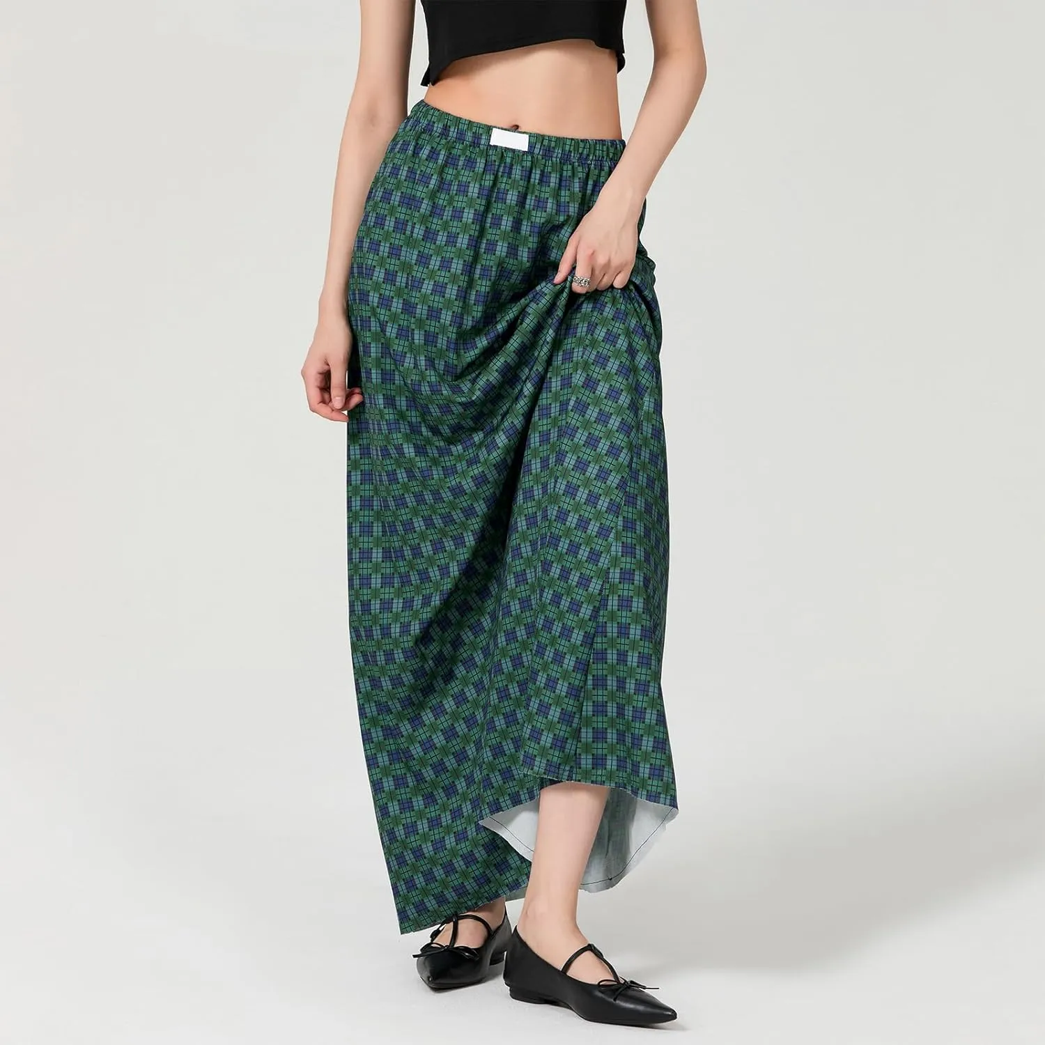 Y2K Plaid Maxi Skirt for Women Elastic High Waist Gingham A Line Flowy Swing Long Skirt Summer Retro Boho Streetwear