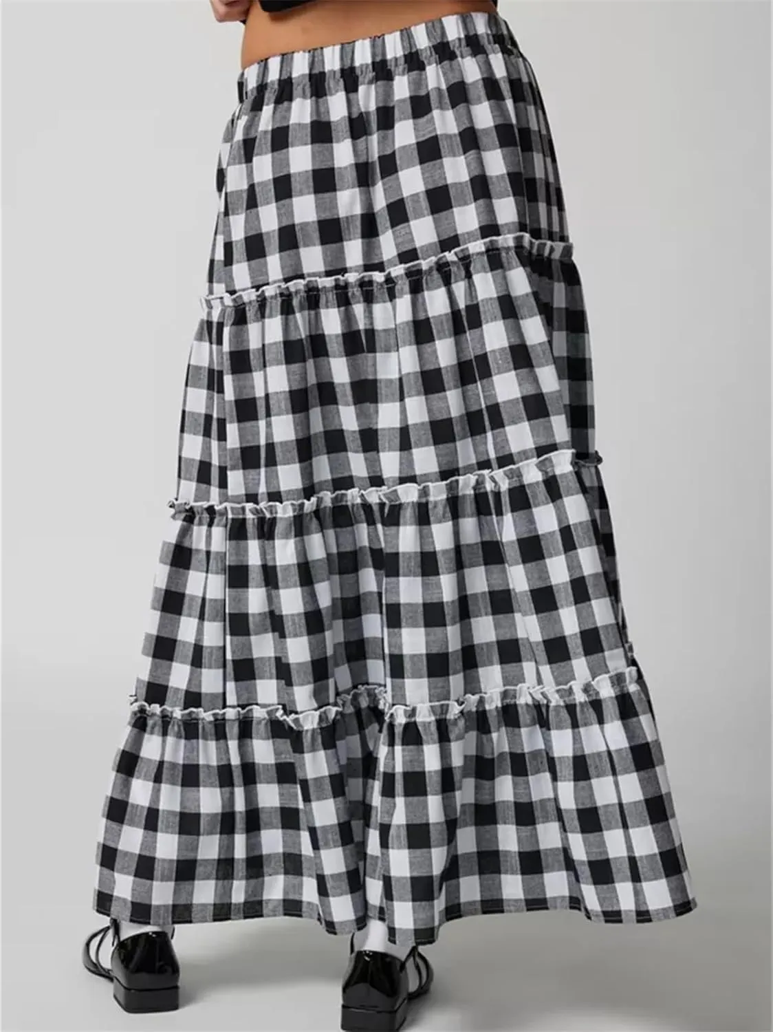Y2K Plaid Maxi Skirt for Women Elastic High Waist Gingham A Line Flowy Swing Long Skirt Summer Retro Boho Streetwear