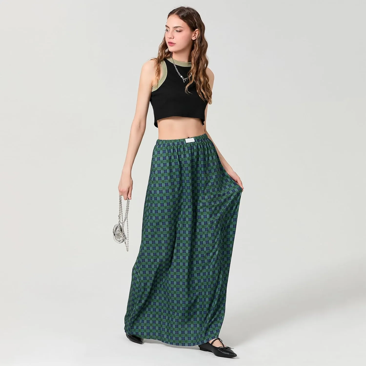 Y2K Plaid Maxi Skirt for Women Elastic High Waist Gingham A Line Flowy Swing Long Skirt Summer Retro Boho Streetwear