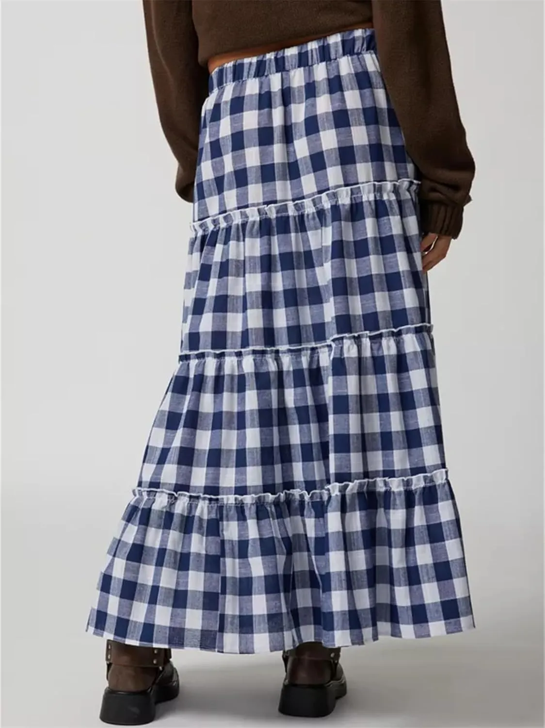 Y2K Plaid Maxi Skirt for Women Elastic High Waist Gingham A Line Flowy Swing Long Skirt Summer Retro Boho Streetwear