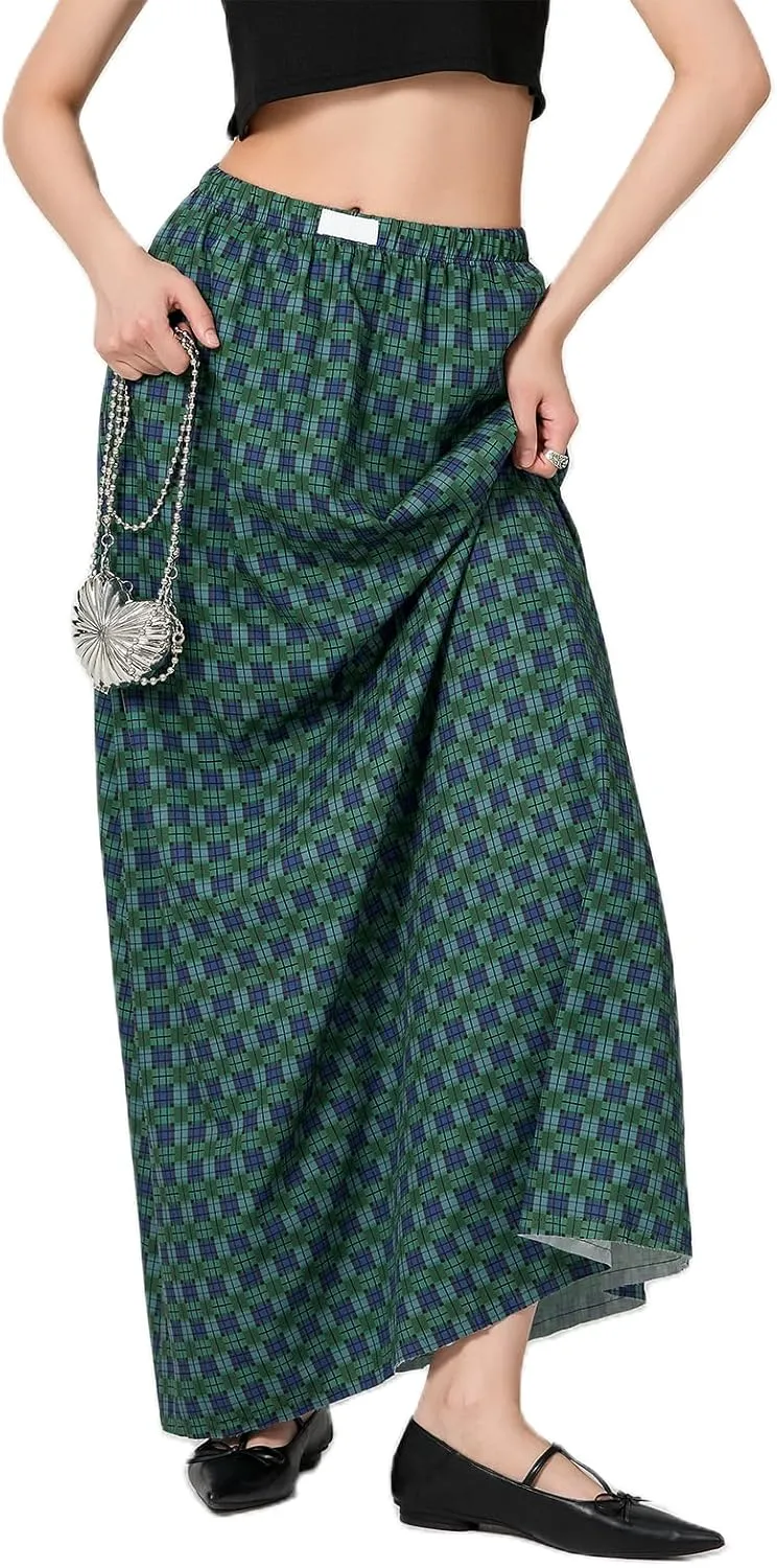 Y2K Plaid Maxi Skirt for Women Elastic High Waist Gingham A Line Flowy Swing Long Skirt Summer Retro Boho Streetwear