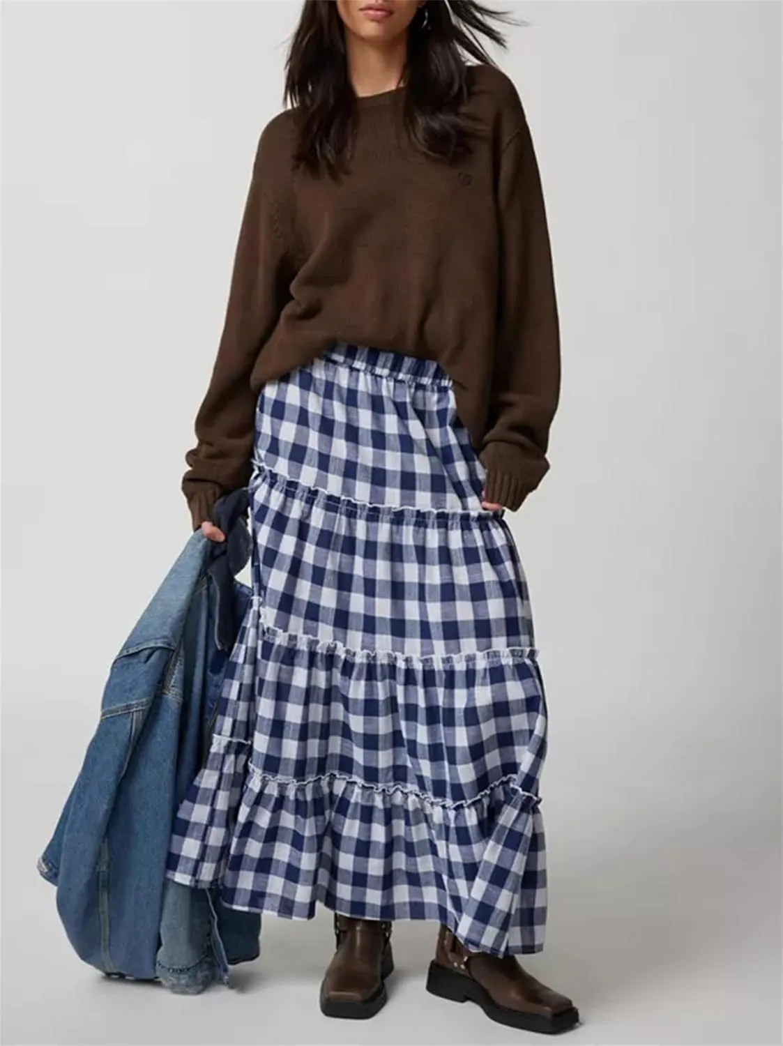 Y2K Plaid Maxi Skirt for Women Elastic High Waist Gingham A Line Flowy Swing Long Skirt Summer Retro Boho Streetwear