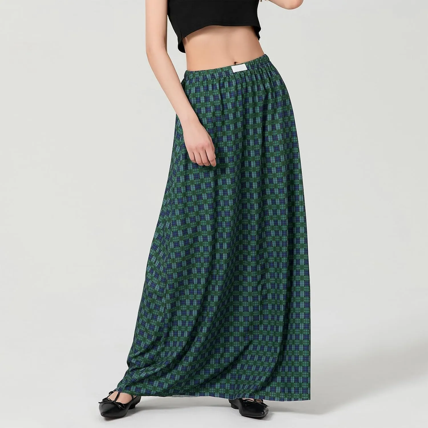Y2K Plaid Maxi Skirt for Women Elastic High Waist Gingham A Line Flowy Swing Long Skirt Summer Retro Boho Streetwear