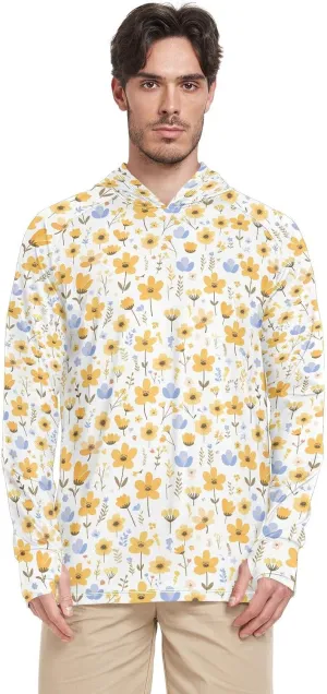 Yellow Little Fresh Flower Bloom Men's Sun Shirt Hoodie Long Sleeve Fishing Shirt UPF 50  Quick Dry Rash Guard Men UV Sailing Shirts ropa de pescar para hombre