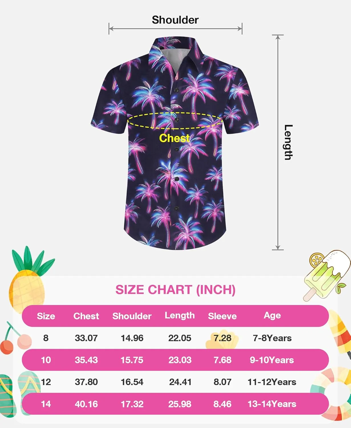 Yoimira Hawaiian Shirts for Boys Neon Quick Dry 3D Tropical Print Button Down Beach Short Sleeve Shirt 7-14 Years