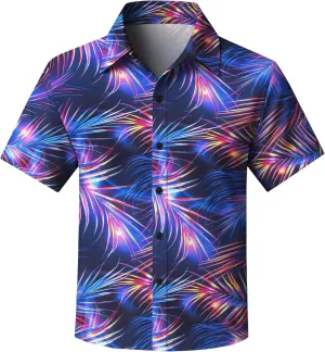 Yoimira Hawaiian Shirts for Boys Neon Quick Dry 3D Tropical Print Button Down Beach Short Sleeve Shirt 7-14 Years