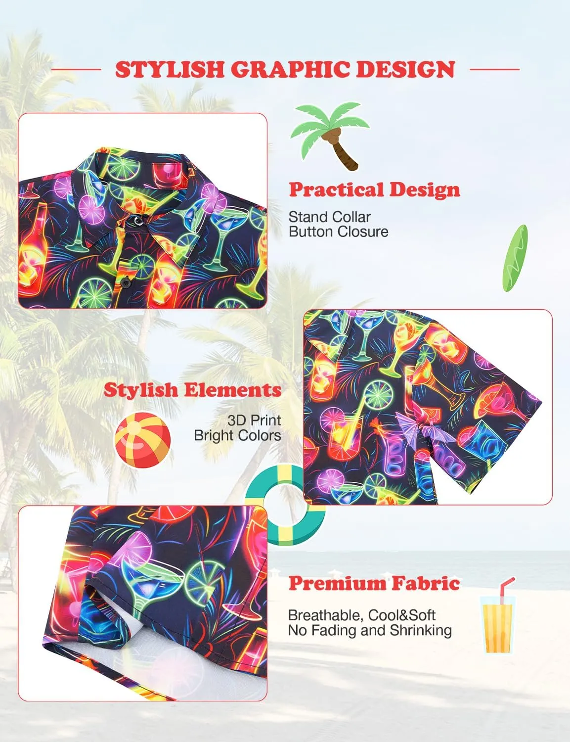 Yoimira Hawaiian Shirts for Boys Neon Quick Dry 3D Tropical Print Button Down Beach Short Sleeve Shirt 7-14 Years