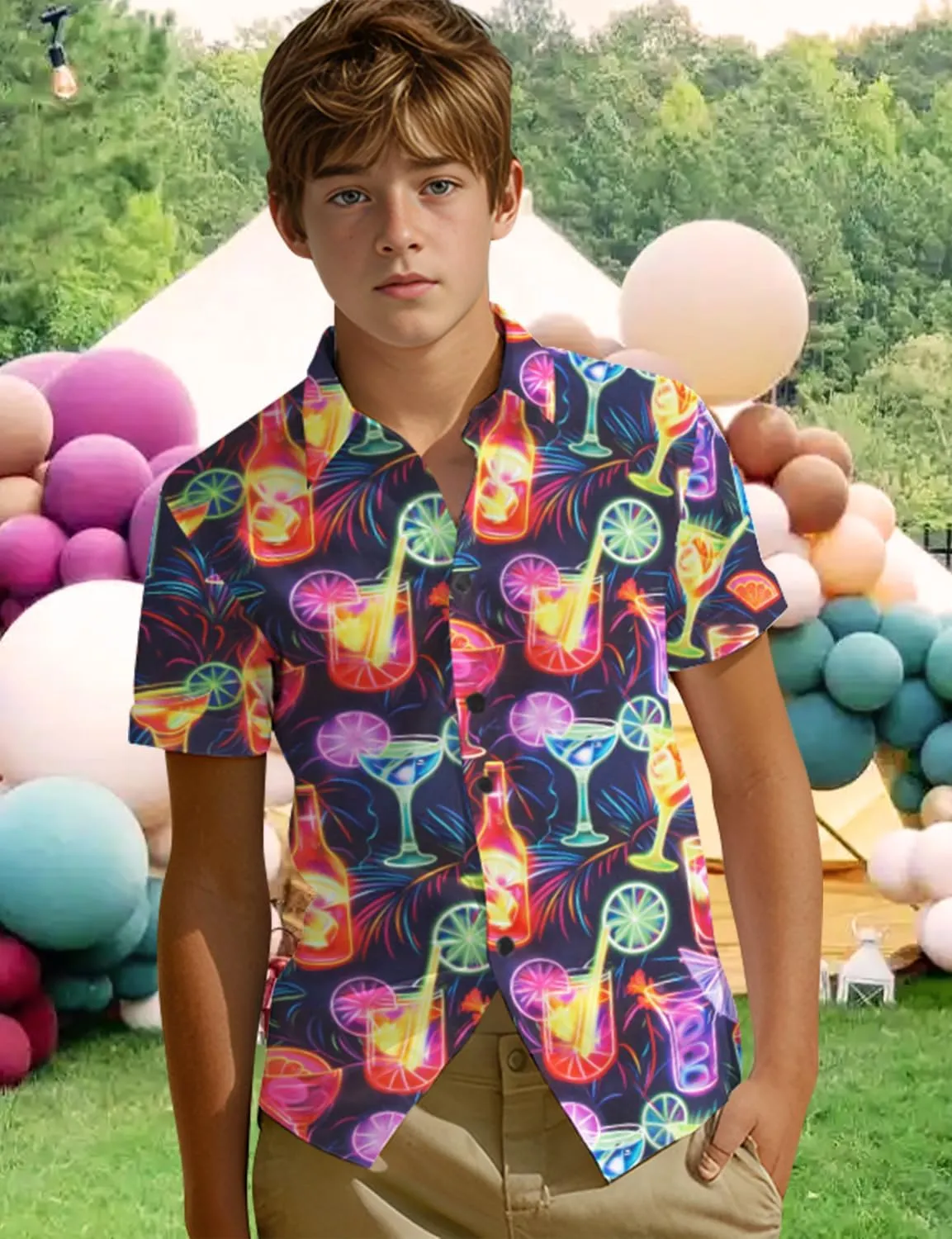 Yoimira Hawaiian Shirts for Boys Neon Quick Dry 3D Tropical Print Button Down Beach Short Sleeve Shirt 7-14 Years