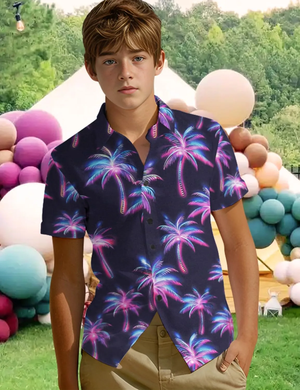 Yoimira Hawaiian Shirts for Boys Neon Quick Dry 3D Tropical Print Button Down Beach Short Sleeve Shirt 7-14 Years