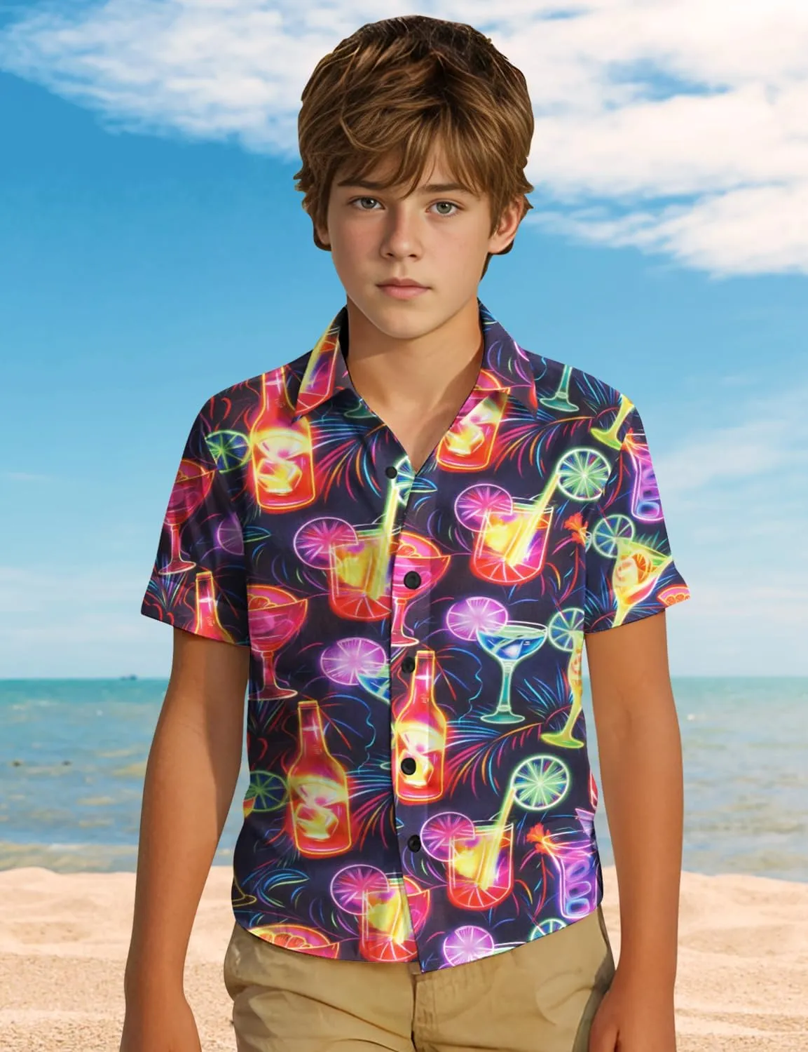 Yoimira Hawaiian Shirts for Boys Neon Quick Dry 3D Tropical Print Button Down Beach Short Sleeve Shirt 7-14 Years