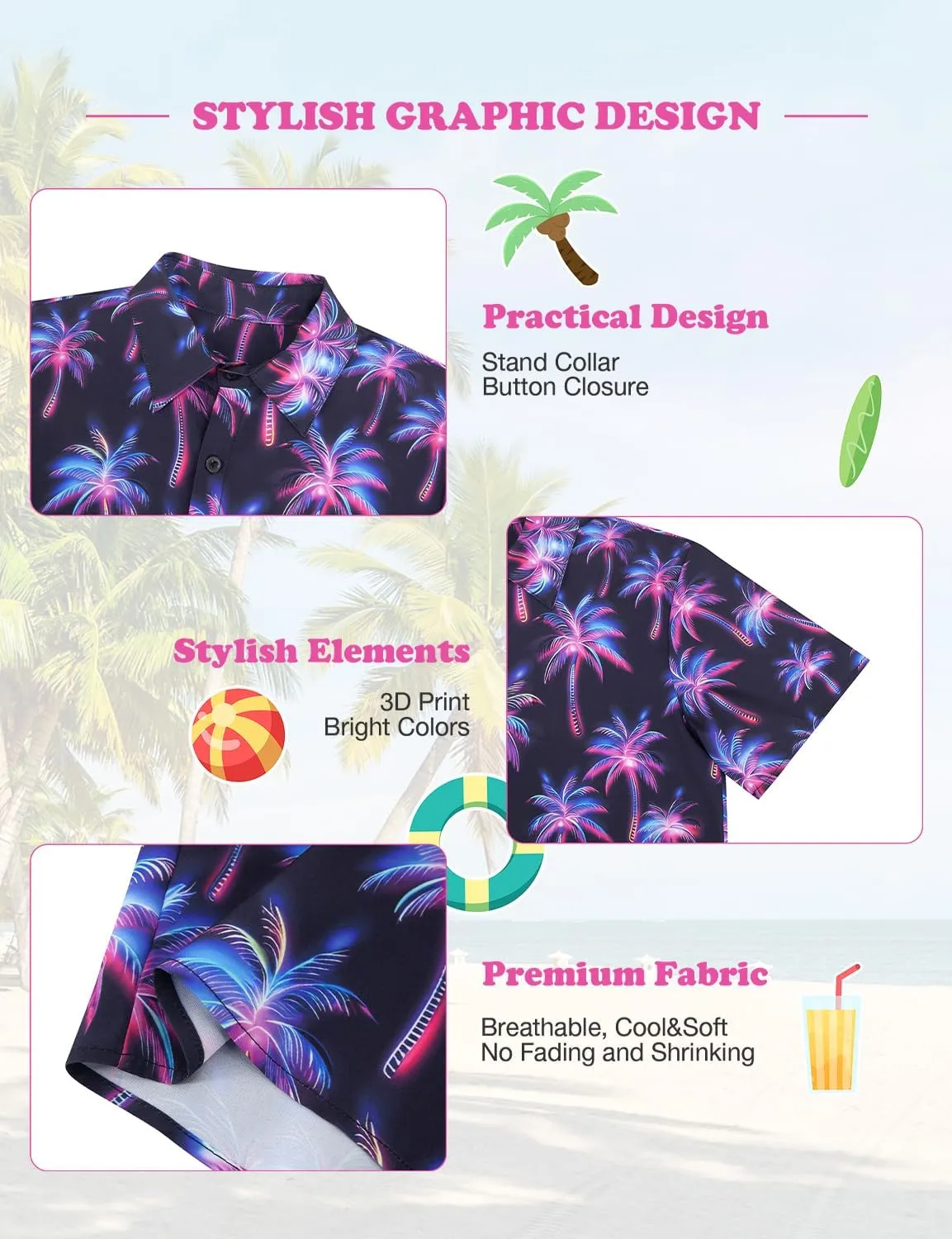 Yoimira Hawaiian Shirts for Boys Neon Quick Dry 3D Tropical Print Button Down Beach Short Sleeve Shirt 7-14 Years