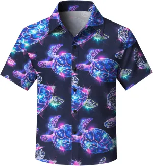 Yoimira Hawaiian Shirts for Boys Neon Quick Dry 3D Tropical Print Button Down Beach Short Sleeve Shirt 7-14 Years