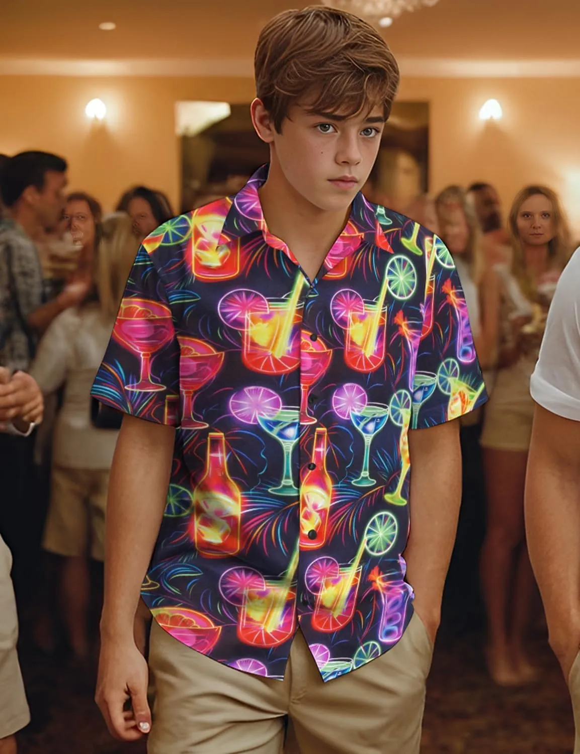 Yoimira Hawaiian Shirts for Boys Neon Quick Dry 3D Tropical Print Button Down Beach Short Sleeve Shirt 7-14 Years