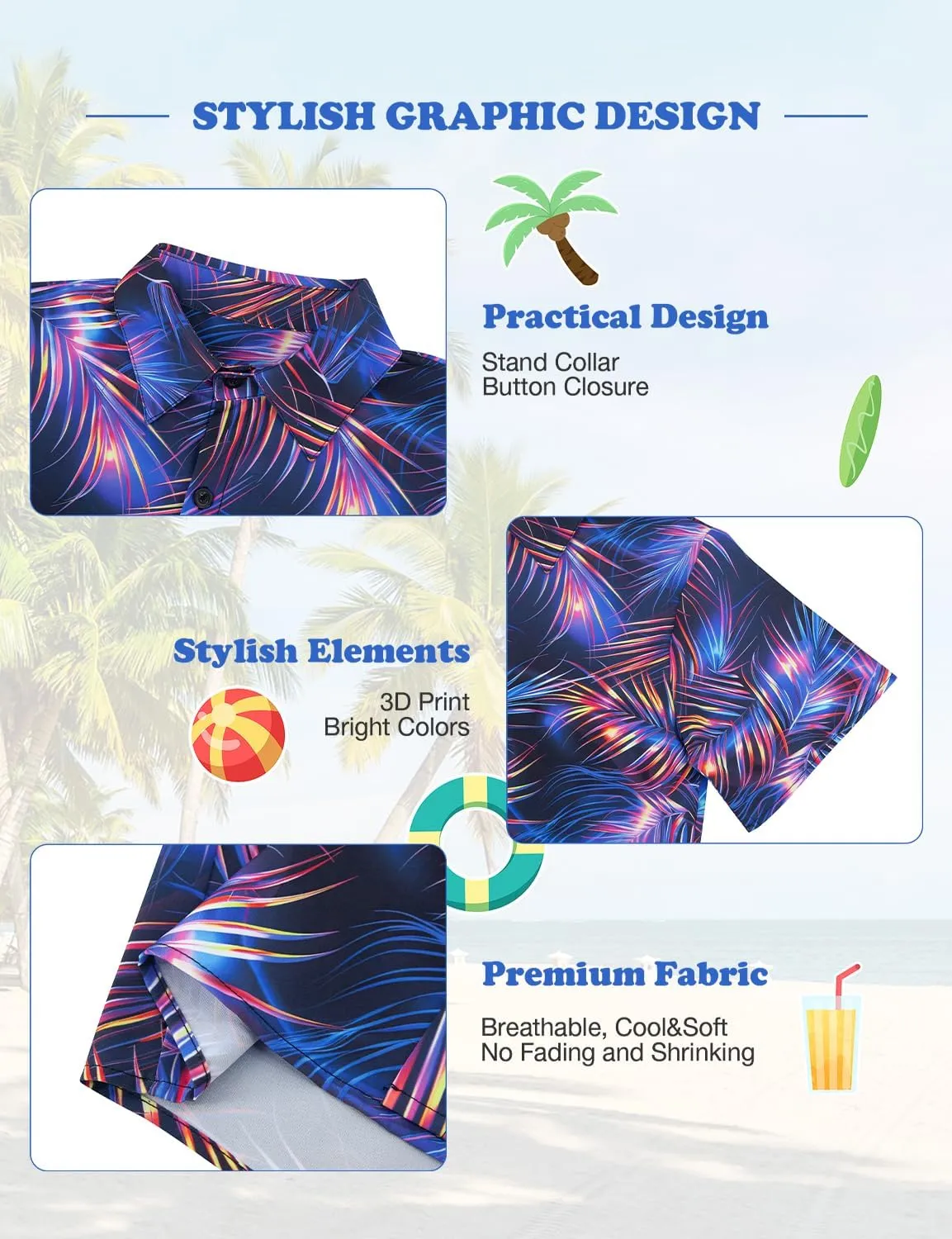 Yoimira Hawaiian Shirts for Boys Neon Quick Dry 3D Tropical Print Button Down Beach Short Sleeve Shirt 7-14 Years