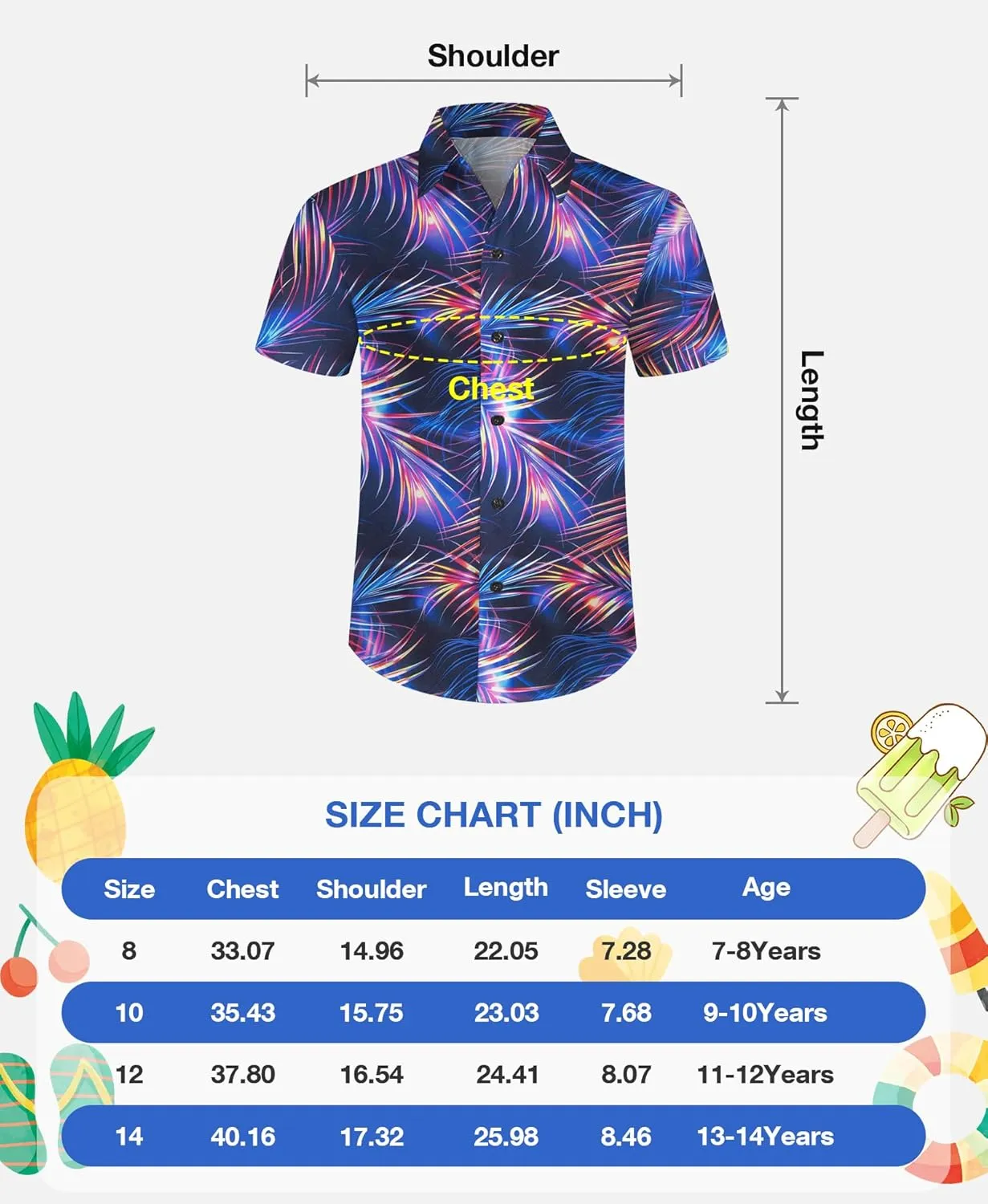 Yoimira Hawaiian Shirts for Boys Neon Quick Dry 3D Tropical Print Button Down Beach Short Sleeve Shirt 7-14 Years