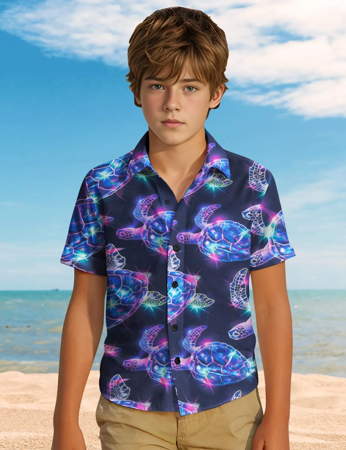 Yoimira Hawaiian Shirts for Boys Neon Quick Dry 3D Tropical Print Button Down Beach Short Sleeve Shirt 7-14 Years