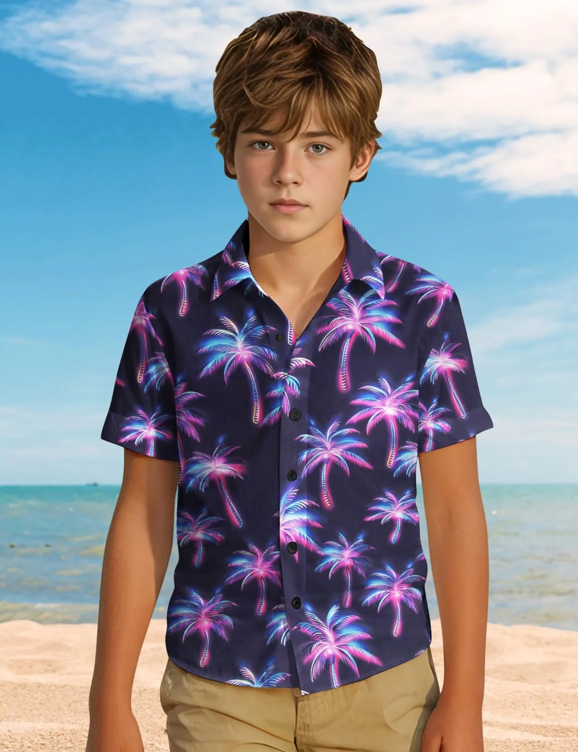 Yoimira Hawaiian Shirts for Boys Neon Quick Dry 3D Tropical Print Button Down Beach Short Sleeve Shirt 7-14 Years