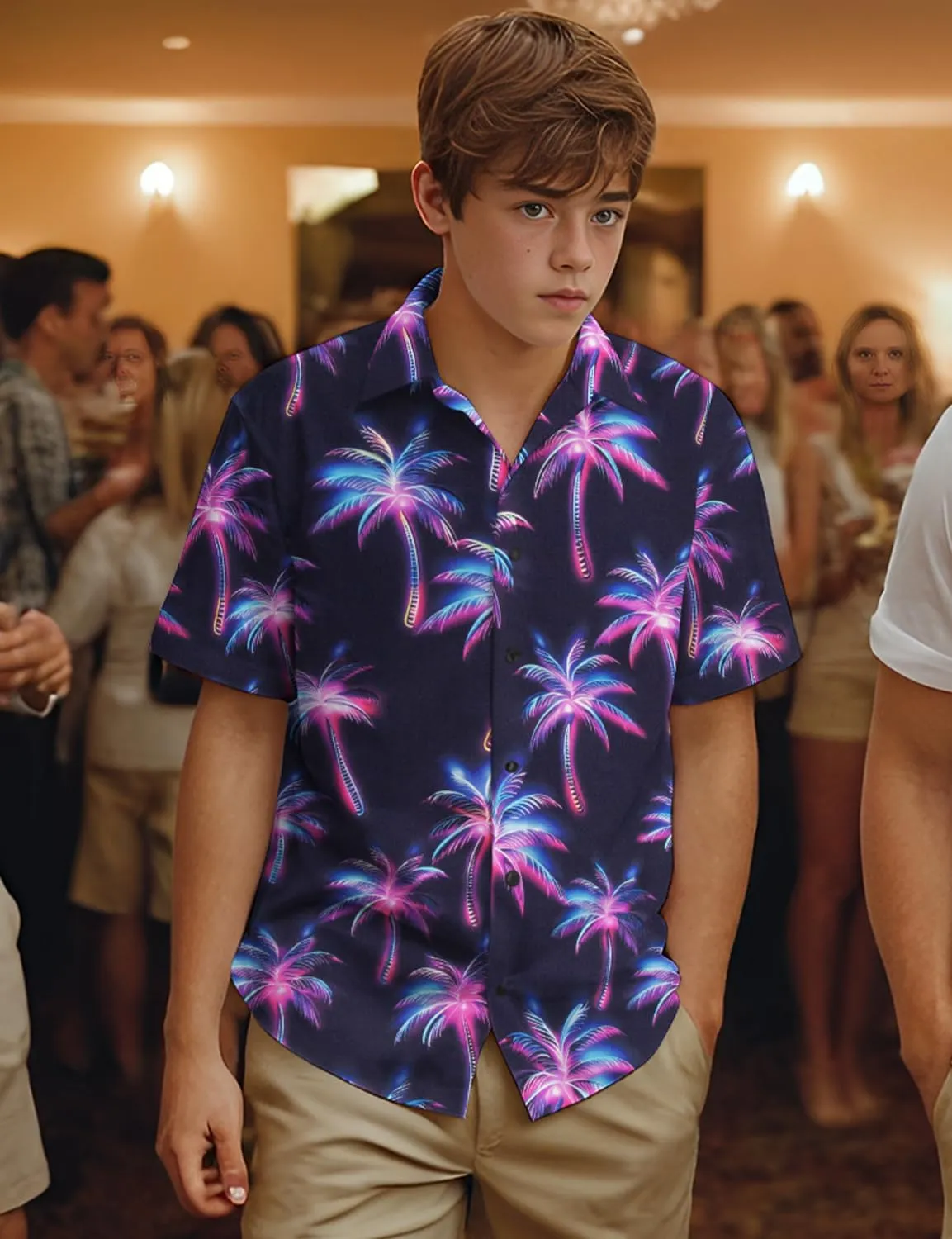 Yoimira Hawaiian Shirts for Boys Neon Quick Dry 3D Tropical Print Button Down Beach Short Sleeve Shirt 7-14 Years