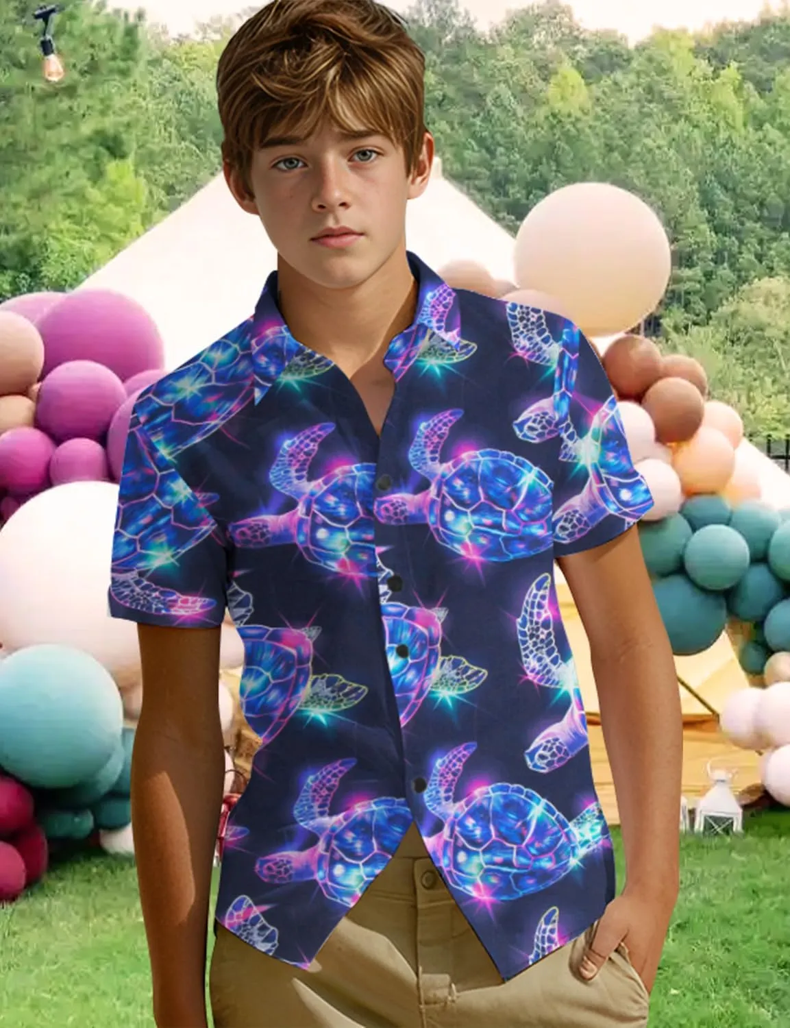 Yoimira Hawaiian Shirts for Boys Neon Quick Dry 3D Tropical Print Button Down Beach Short Sleeve Shirt 7-14 Years