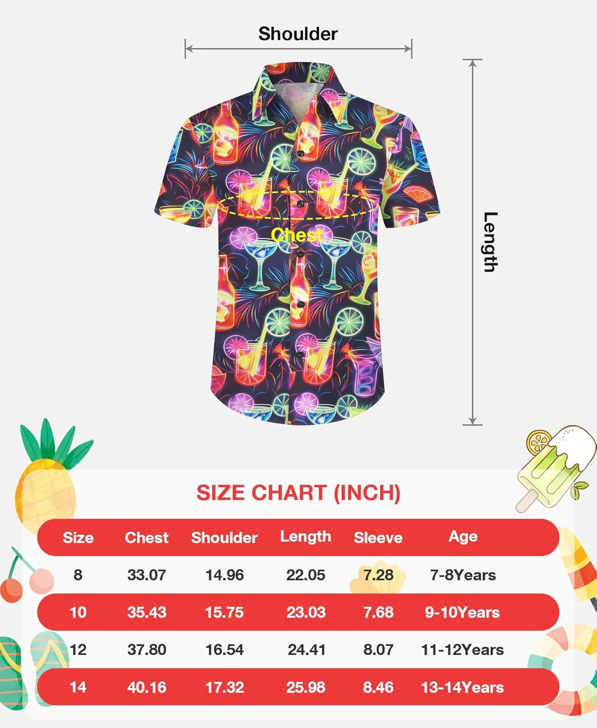 Yoimira Hawaiian Shirts for Boys Neon Quick Dry 3D Tropical Print Button Down Beach Short Sleeve Shirt 7-14 Years