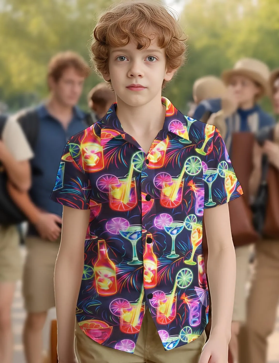 Yoimira Hawaiian Shirts for Boys Neon Quick Dry 3D Tropical Print Button Down Beach Short Sleeve Shirt 7-14 Years