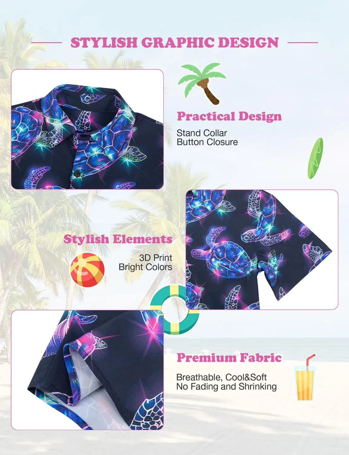 Yoimira Hawaiian Shirts for Boys Neon Quick Dry 3D Tropical Print Button Down Beach Short Sleeve Shirt 7-14 Years