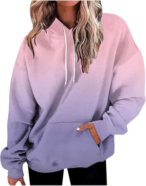ZDRZK Hoodies For Women Gradient Print Casual Crewneck Long Sleeve Sweatshirts Hooded Loose Fit Oversized Pullover