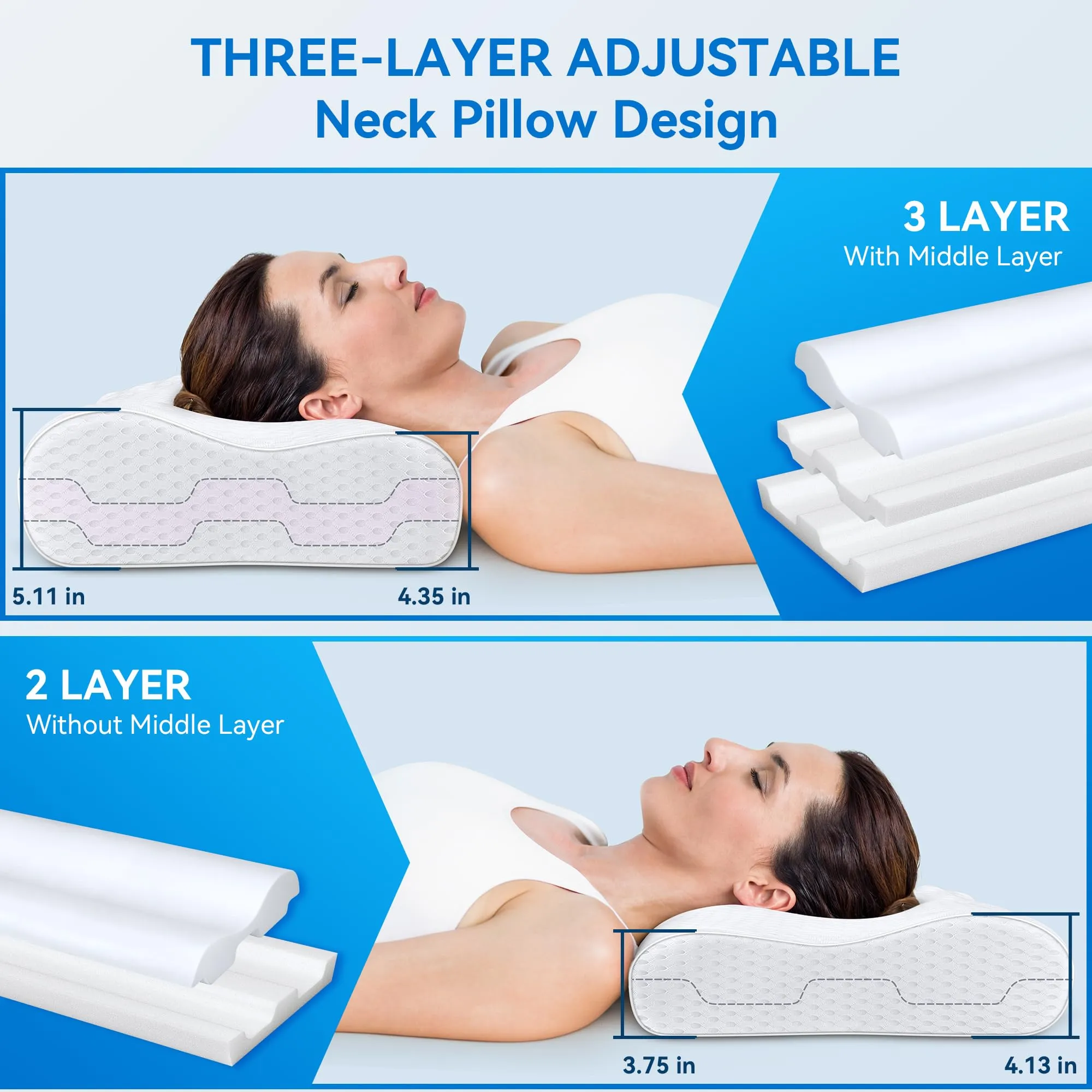 zibroges Sandwich Cervical Neck Pillow Queen Size - Dynamic Memory Foam Pillow for Neck Shoulder Pain Relief, Ergonomic Adjustable Contour Bed Pillow for Side, Back & Stomach Sleepers CertiPUR-US
