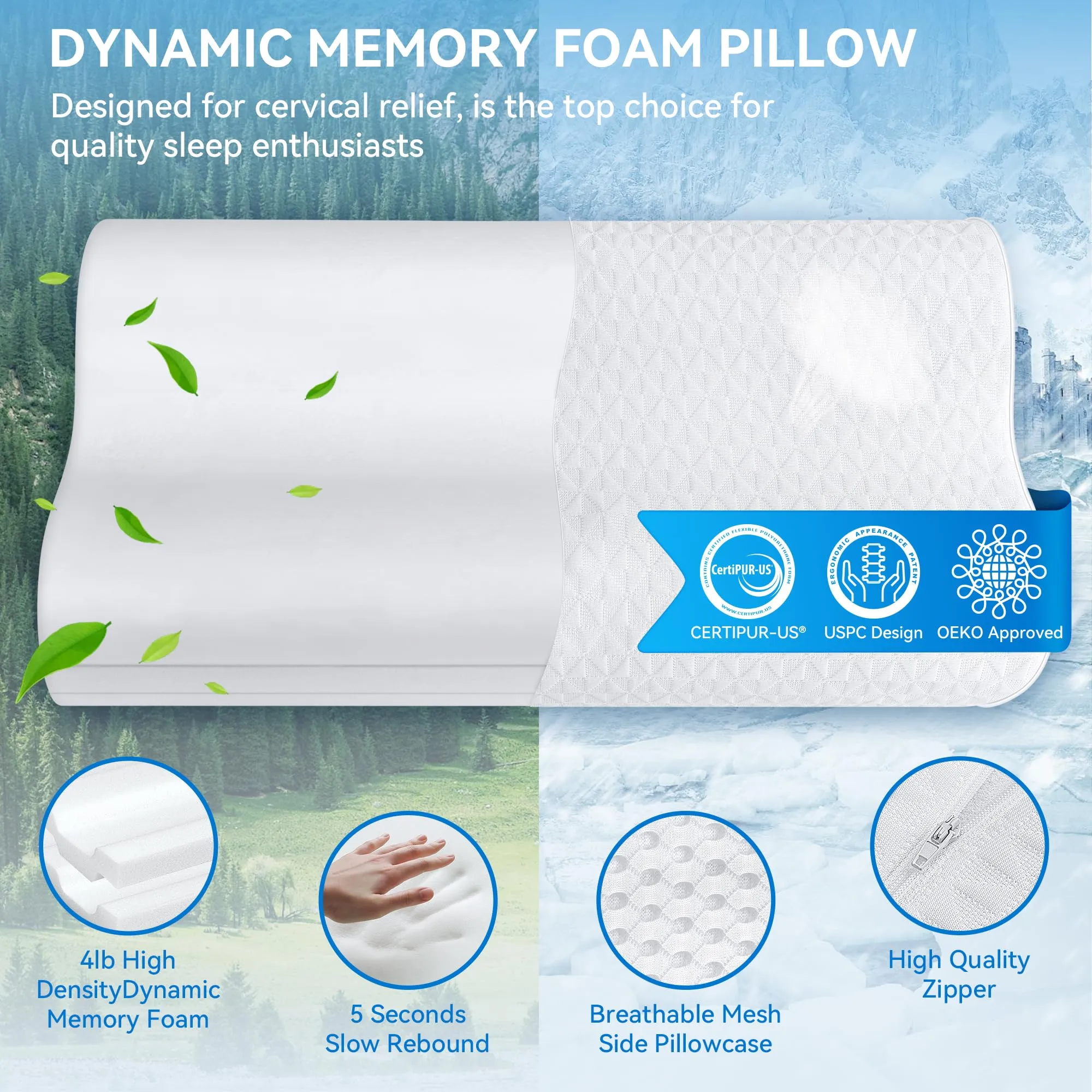 zibroges Sandwich Cervical Neck Pillow Queen Size - Dynamic Memory Foam Pillow for Neck Shoulder Pain Relief, Ergonomic Adjustable Contour Bed Pillow for Side, Back & Stomach Sleepers CertiPUR-US