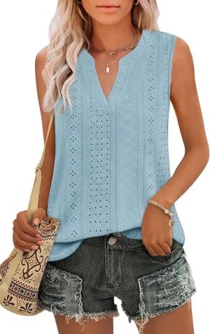 Zwurew Tank Top for Women Loose Fit Sleeveless V Neck Camisole Tops Dressy Casual Eyelet Summer Flowy Cami Shirts Blouse