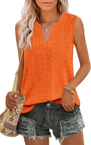 Zwurew Tank Top for Women Loose Fit Sleeveless V Neck Camisole Tops Dressy Casual Eyelet Summer Flowy Cami Shirts Blouse