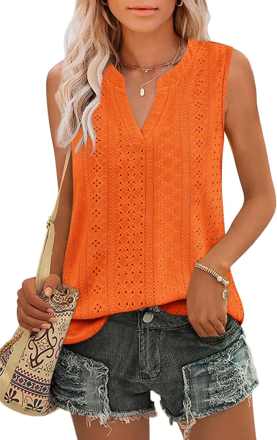 Zwurew Tank Top for Women Loose Fit Sleeveless V Neck Camisole Tops Dressy Casual Eyelet Summer Flowy Cami Shirts Blouse