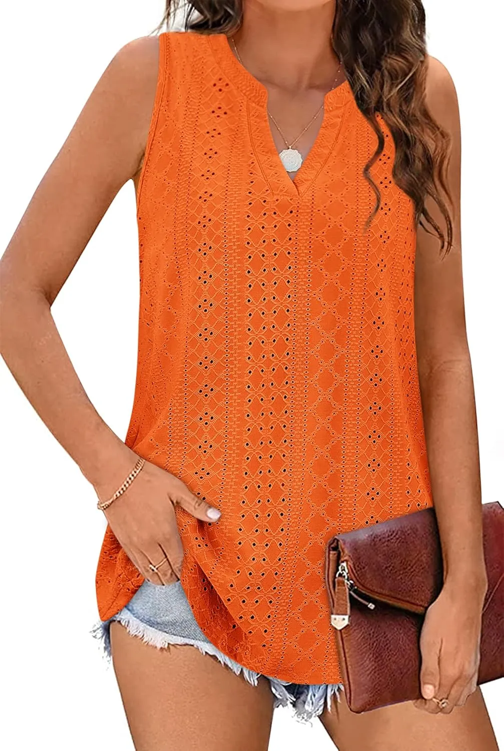 Zwurew Tank Top for Women Loose Fit Sleeveless V Neck Camisole Tops Dressy Casual Eyelet Summer Flowy Cami Shirts Blouse